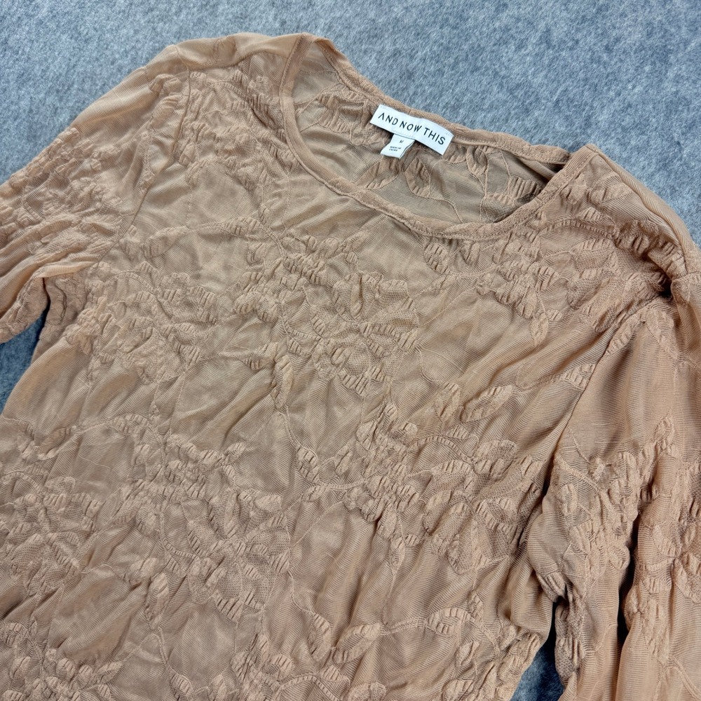AND NOW THIS Womens Top Size Medium Tan Floral Textured Sheer Mesh‎ Long Sleeve